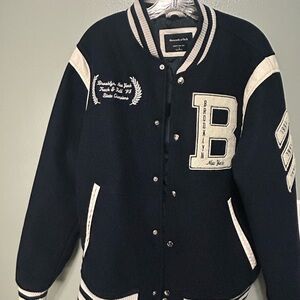 Abercrombie & Fitch Navy Blue and White Varsity Jacket